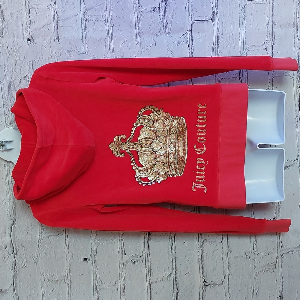 Red Gold Bling Crown Y2K Juicy Couture Velour Hoodie Vintage S Small